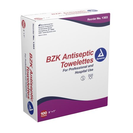Dynarex Antiseptic BZK Towelette Wipe, Box of 100