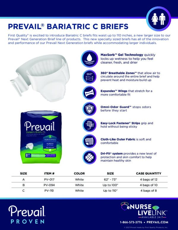 Prevail Adult Bariatric Brief, Size C, Heavy Absorbency, Case of 32