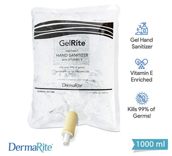 GelRite Hand Sanitizer Gel, 1000ml Dispenser Refill Bag, Ethyl Alcohol with Vitamin E