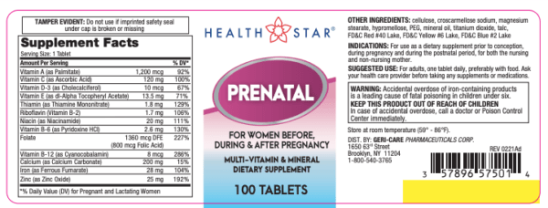 Health Star Prenatal Multi-Vitamin Tablets with Minerals, Bottle of 100