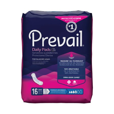 Prevail Daily Bladder Control Pads for Women, Long Length, Moderate Absorbency, Case of 144