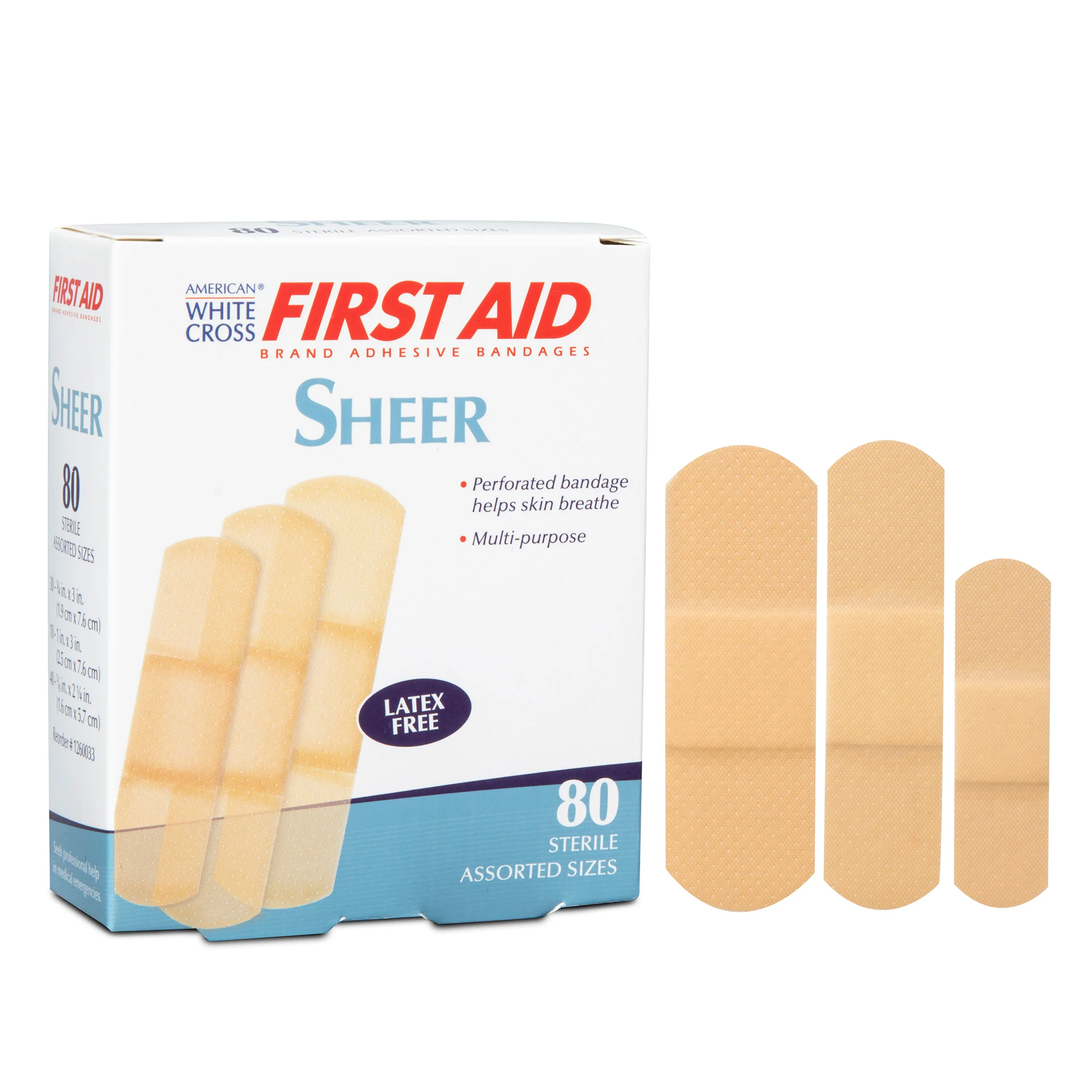 Sheer Plastic Adhesive Bandages, Assorted Sizes, Box of 80