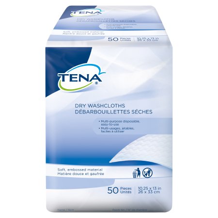 TENA Dry Washcloth 10 1/4 by 13 inch white disposable wipes, Manu 74499
